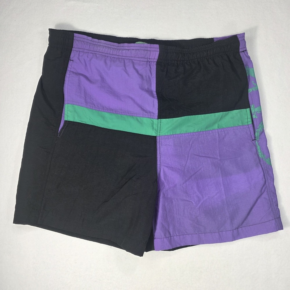 Vintage 1980's Mens Hang Ten Purple Green Black Colorblock Trunks Size L